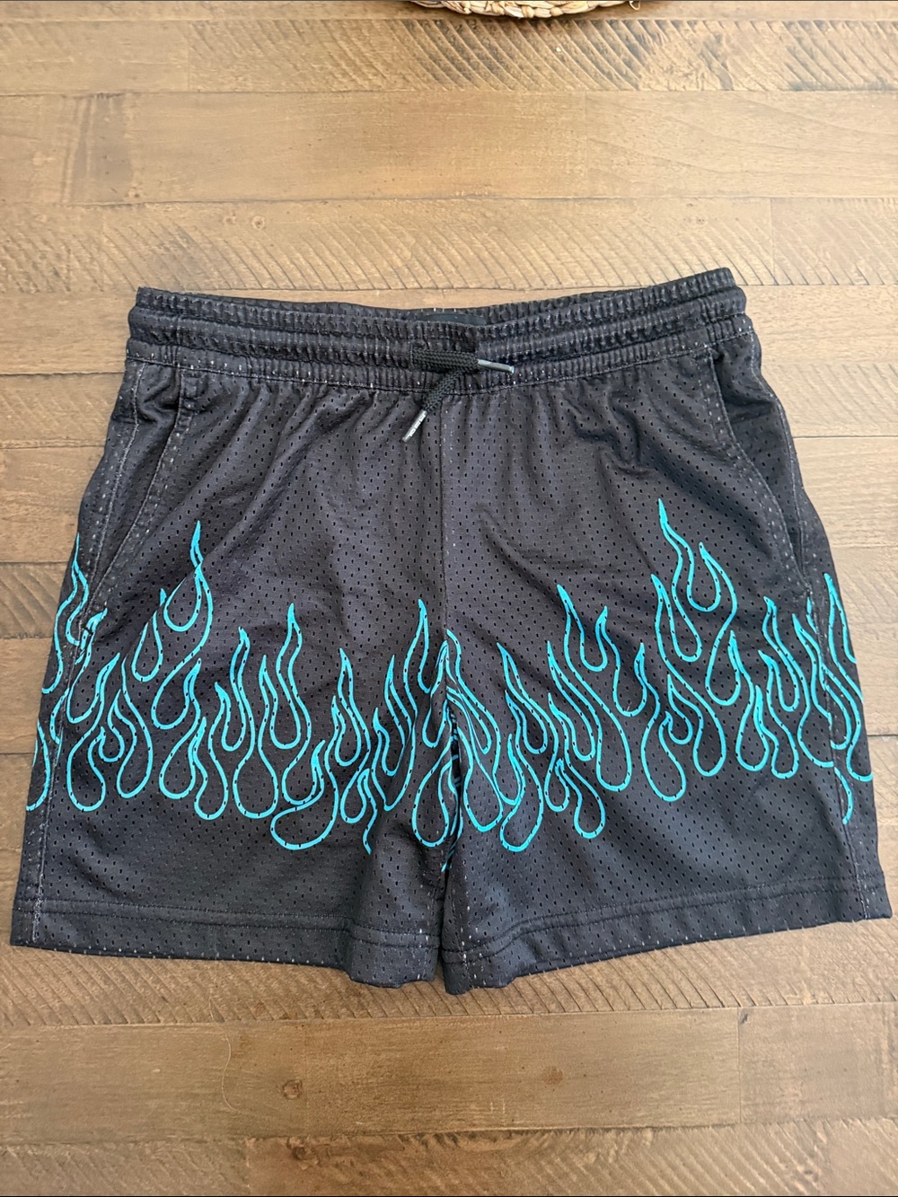 RSQ Boy’s Mesh Athletic Shorts, Black with Teal Flame Trim. NWOT.